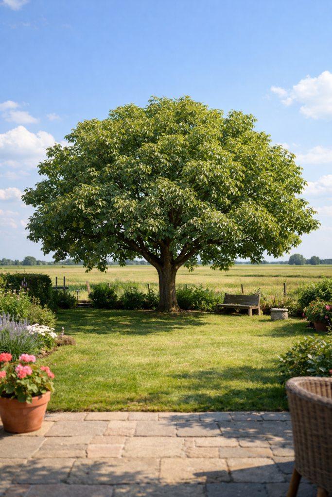 Walnoten boom in de achtertuin die gesnoeid moet worden